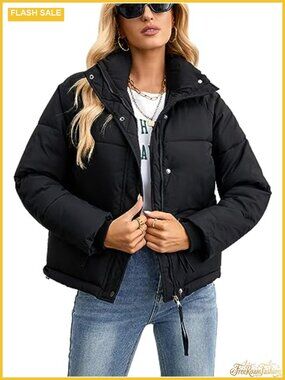 Womens Cropped Puffer Jacket Full Zip Quilted Warm Winter Coat with Pockets